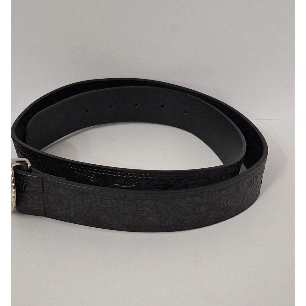 Women's Genuine Leather Tooled Western Belt Sz XXL Black Rhinestone Bling Buckle